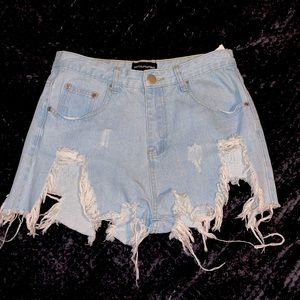 PrettyLittleThing Distress Light Denim Shorts